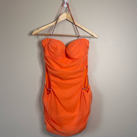Oh Polly Neon Orange Bedazzled Cutout Halter Ruched Bodycon Mini Dress Size 8 - Picture 4 of 10